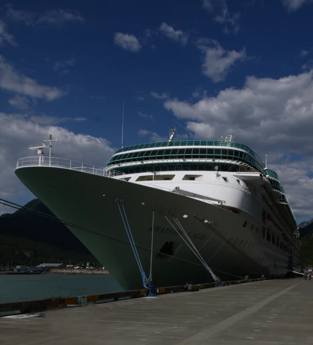 a cruise ship is parked in a dock