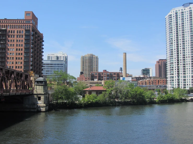 riverfront view with lots of tall buildings on either side