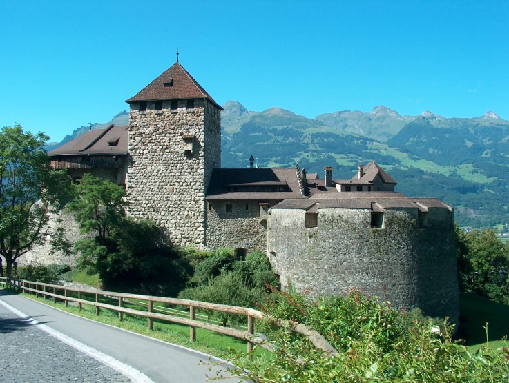 the old castle has a stone tower with towers