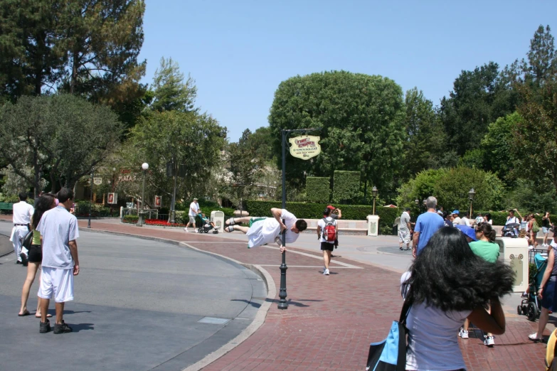 a bunch of people walking around a circle and some trees