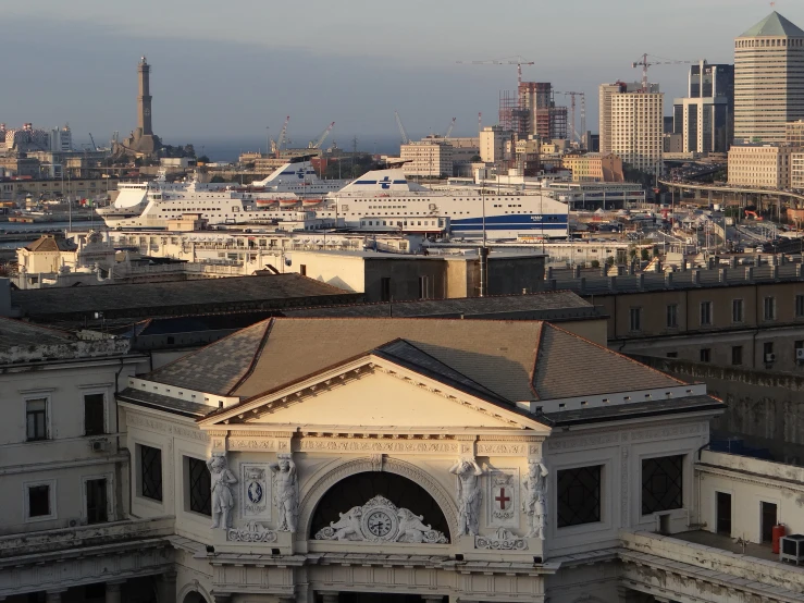 a view of the city's skyline from an up above view