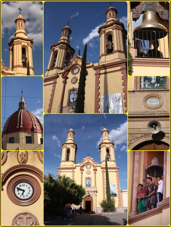 collage of four pictures with two people looking outside a church