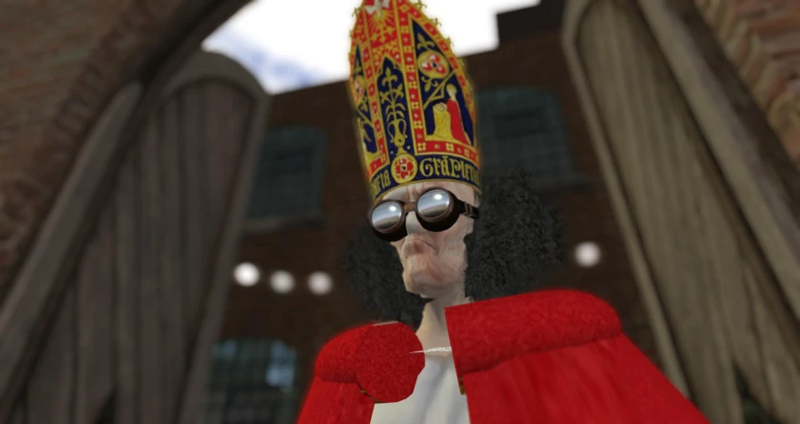 a computer generated image of a priest wearing a red robe