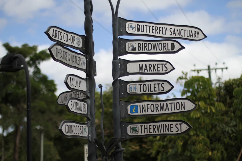 the sign points in several directions on a pole