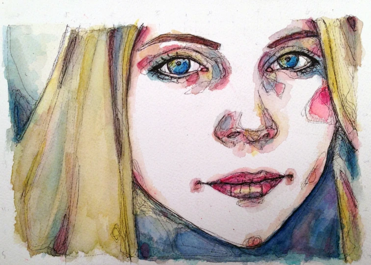 a watercolor portrait of a woman with blue eyes