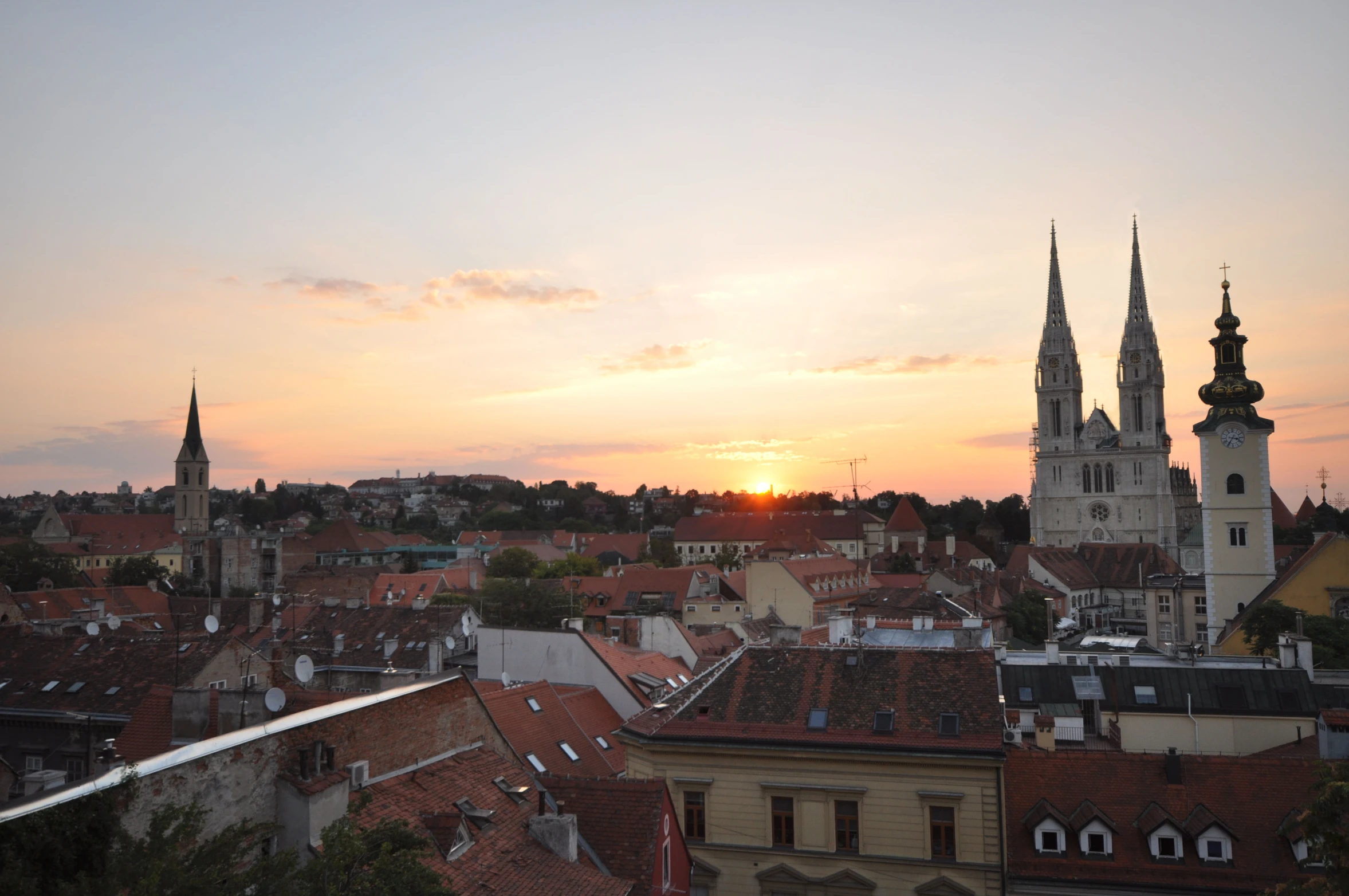 the cityscape of old european city with beautiful sunset