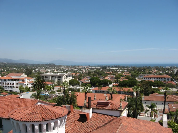 many roofs and trees are in a large city