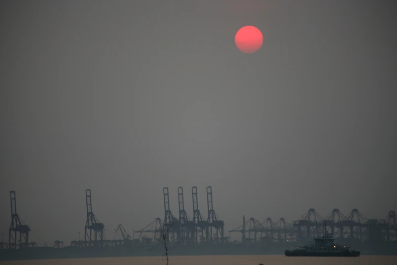 there is a boat out in the water with many cranes in the background