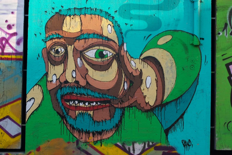 a colorful portrait of a man is shown on the side of a building