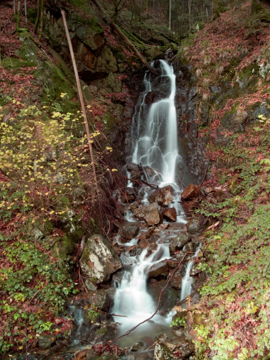 an icy waterfall in the woods is seen here