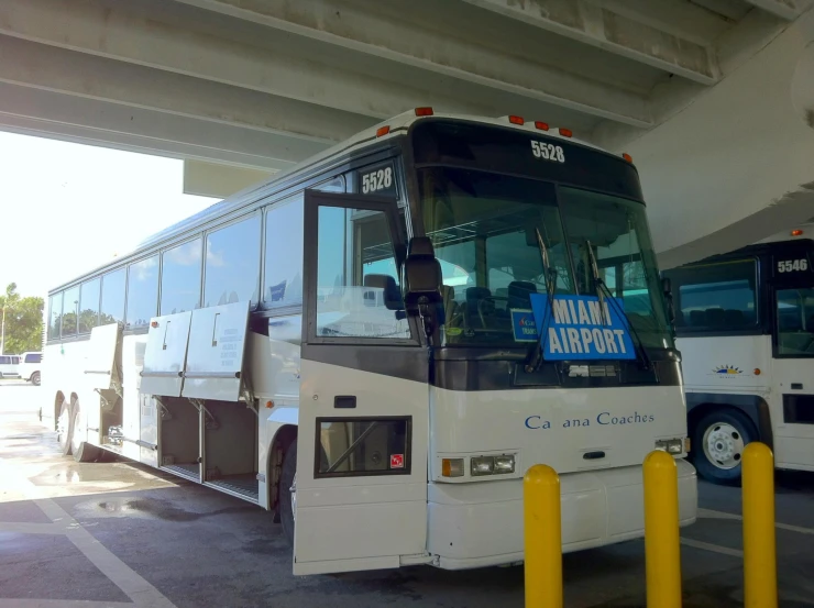 two tour buses parked under an overpass near another bus