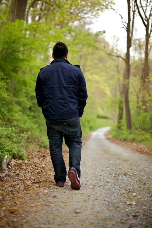 a man walking along a trail in a forest