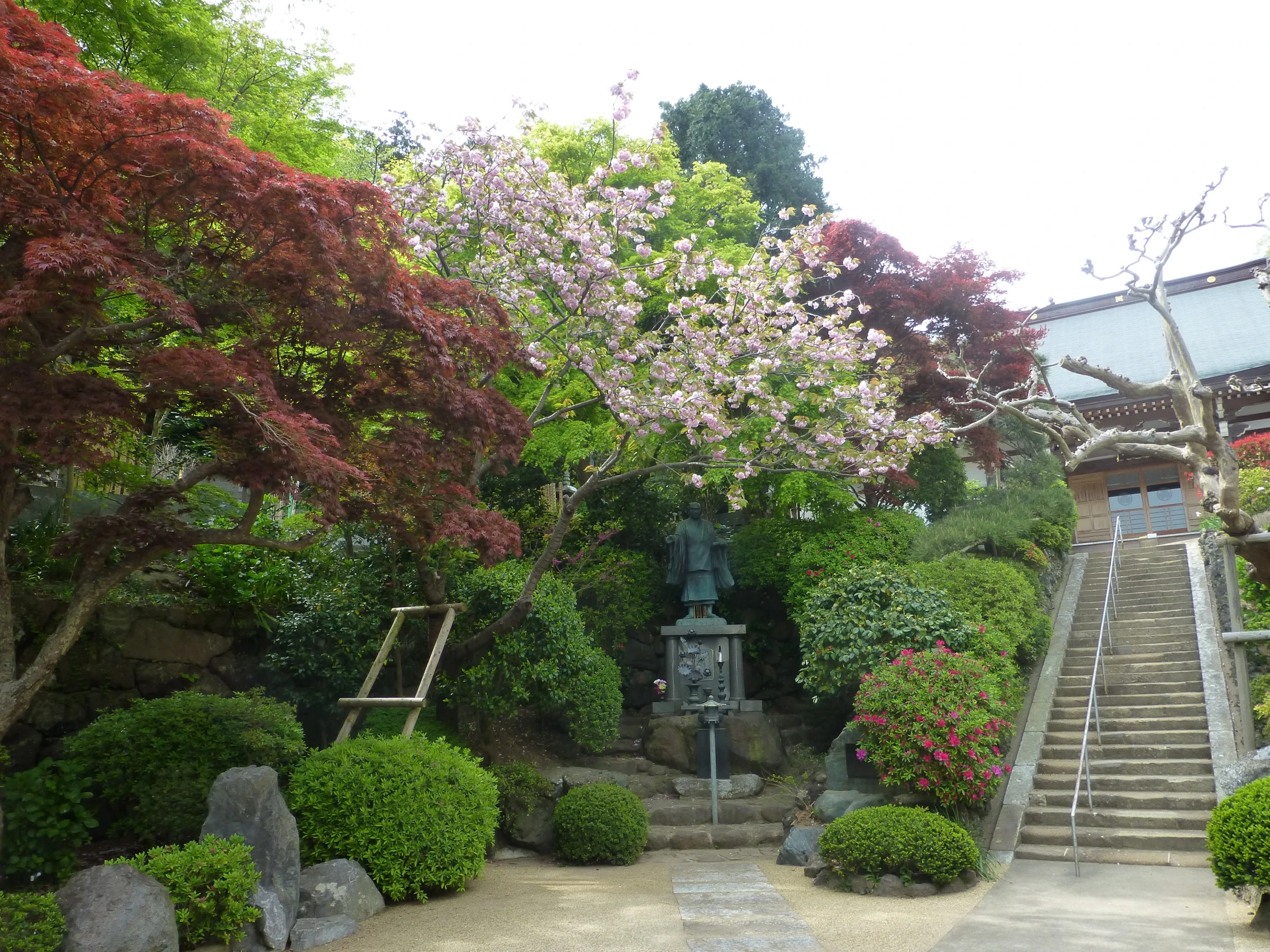 a garden with stairs, stepping, trees and flowers