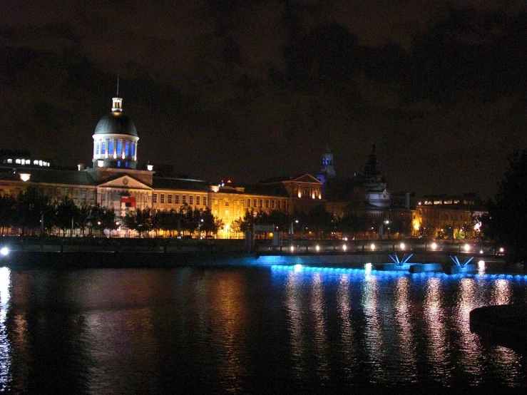 the view of a city lit up with lights