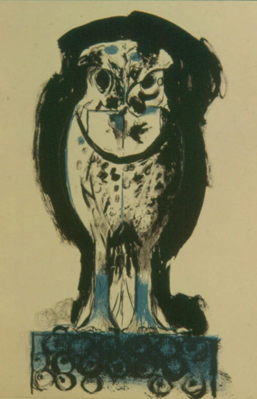 black and white drawing of an owl sitting on a pedestal