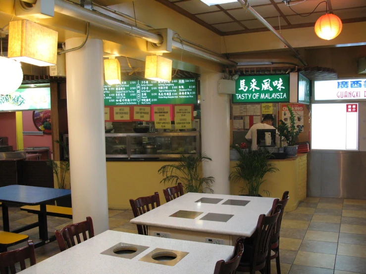 a cafe with tables and chairs inside of it