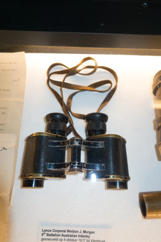 a pair of binoculars with two cord on a display case