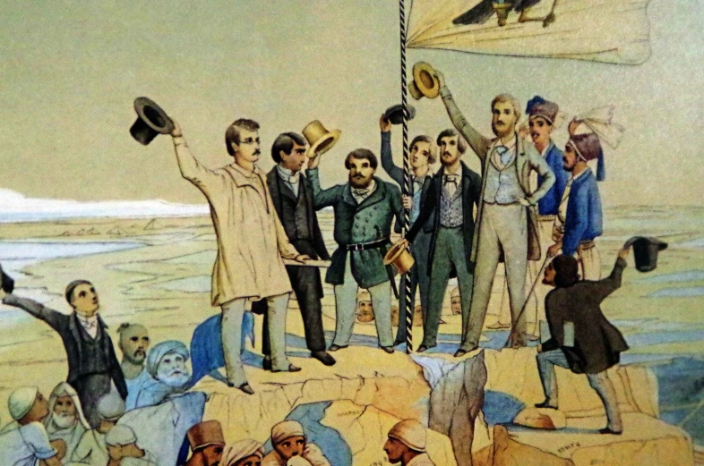 the mural depicts many people hanging on a rope and holding flags
