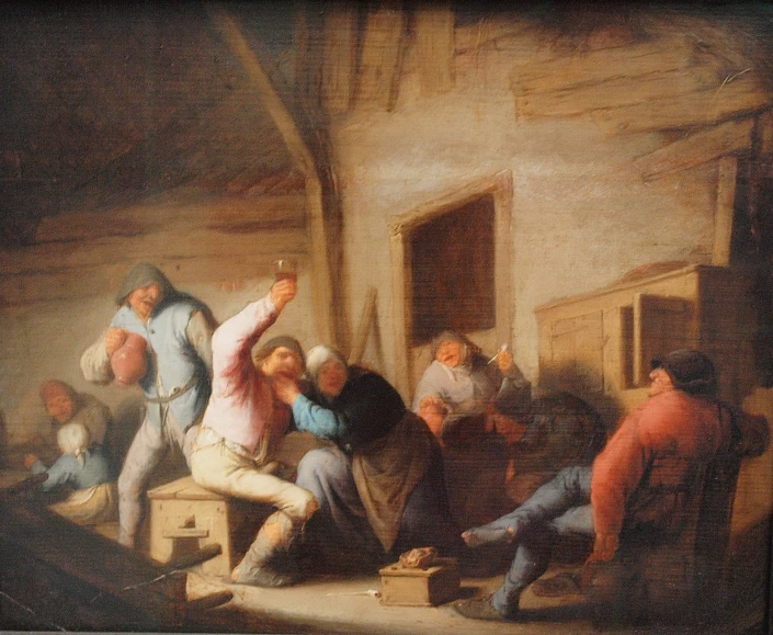 a painting of several people outside an apartment