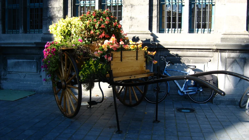 an old wooden carriage is full of flowers and plants