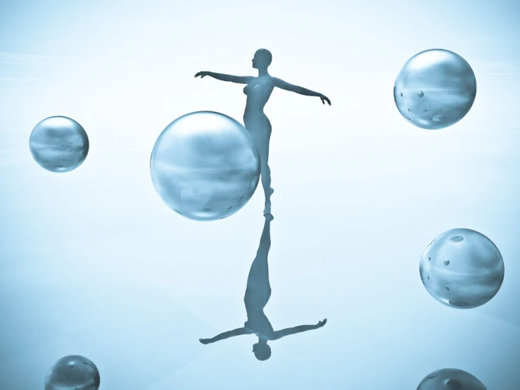 a 3d figure in the middle of bubbles