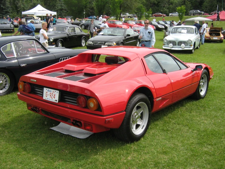 many classic car parked in the grass with people