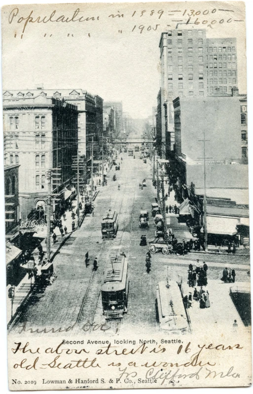 the vintage pograph shows a large city street in an old po