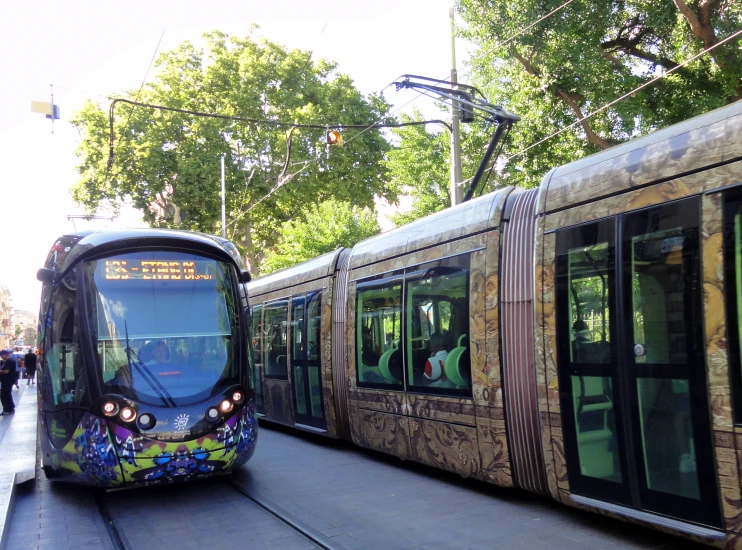 an unusual colored public transit bus waiting for passengers