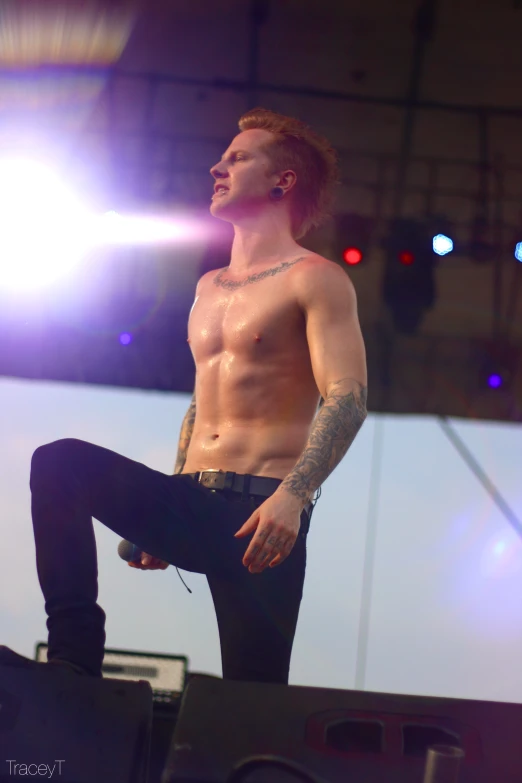 shirtless guy stands on a stage during a concert