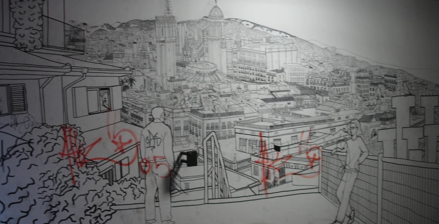 a drawing is drawn on the wall and shows a city