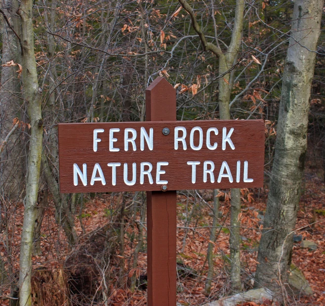 the sign for fern rock nature trail has white writing