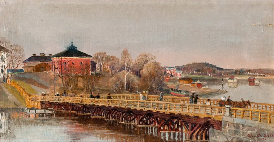 an oil painting of a bridge going over the river