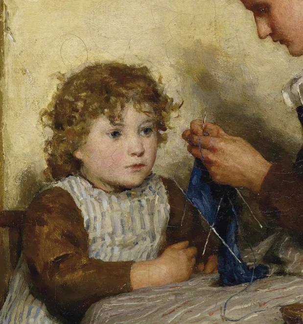 a woman helps a young child to sew
