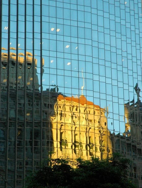 a view of a building through some glass