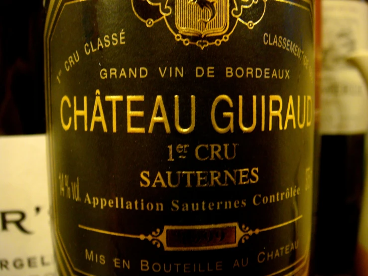 a close up of a wine bottle with a label