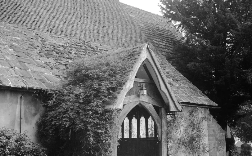 a black and white po shows an old church