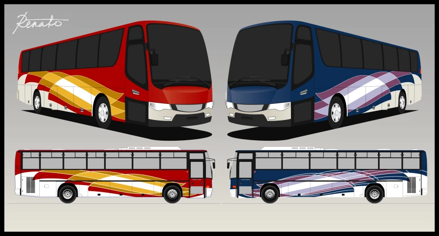 three modern buses with different colored lines and colors