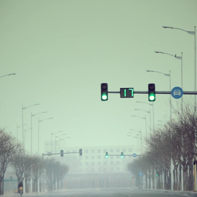 the two green traffic lights are on the street