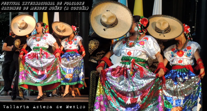 three women dressed in different colored clothes and hats