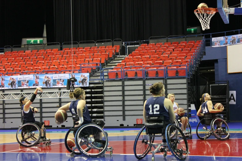 two teams of women on wheelchair basketball play basketball