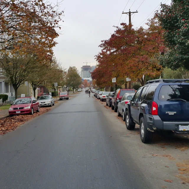 several parked cars line the side of the road