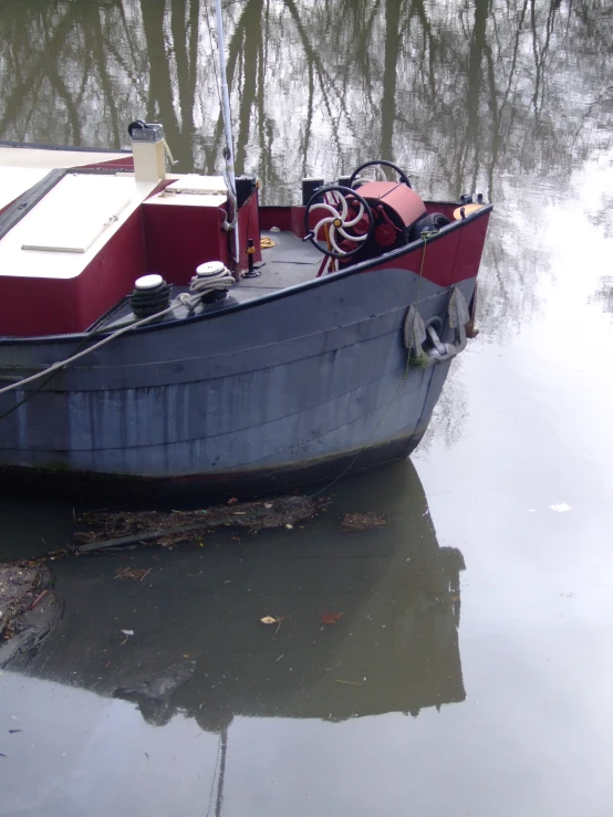 a boat floating next to a forest filled with water