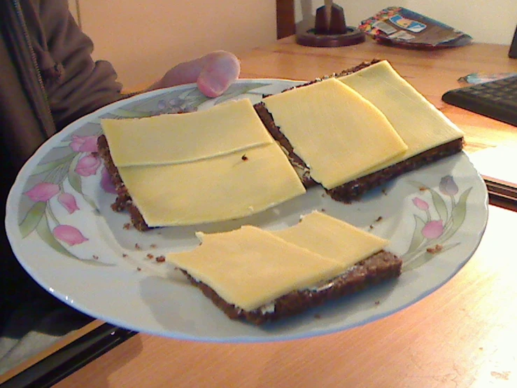 a person holds a plate with four small pieces of dessert