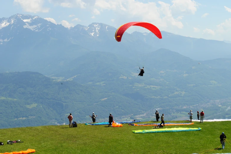 people are standing in the grass flying kites