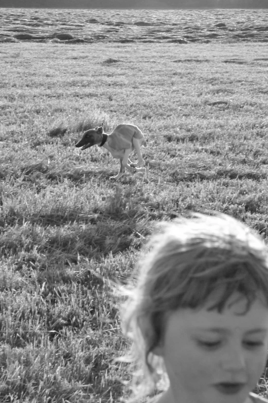 a girl in a field and a bird near her