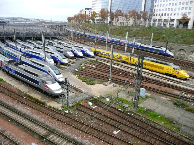 a lot of different trains lined up at the station