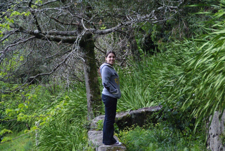 a young person standing on top of a rock near a forest