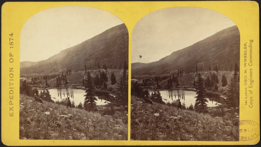 a vintage image showing two pographs of a mountain lake