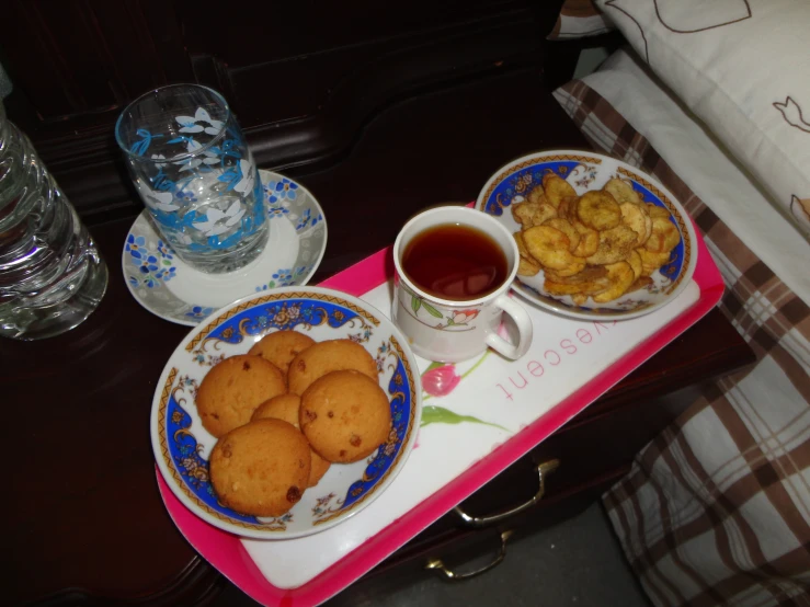 a tray of potato floss and some drinks on a table