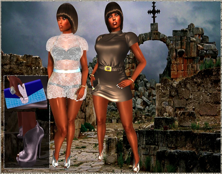 two black women in  outfits walk past the stone ruins